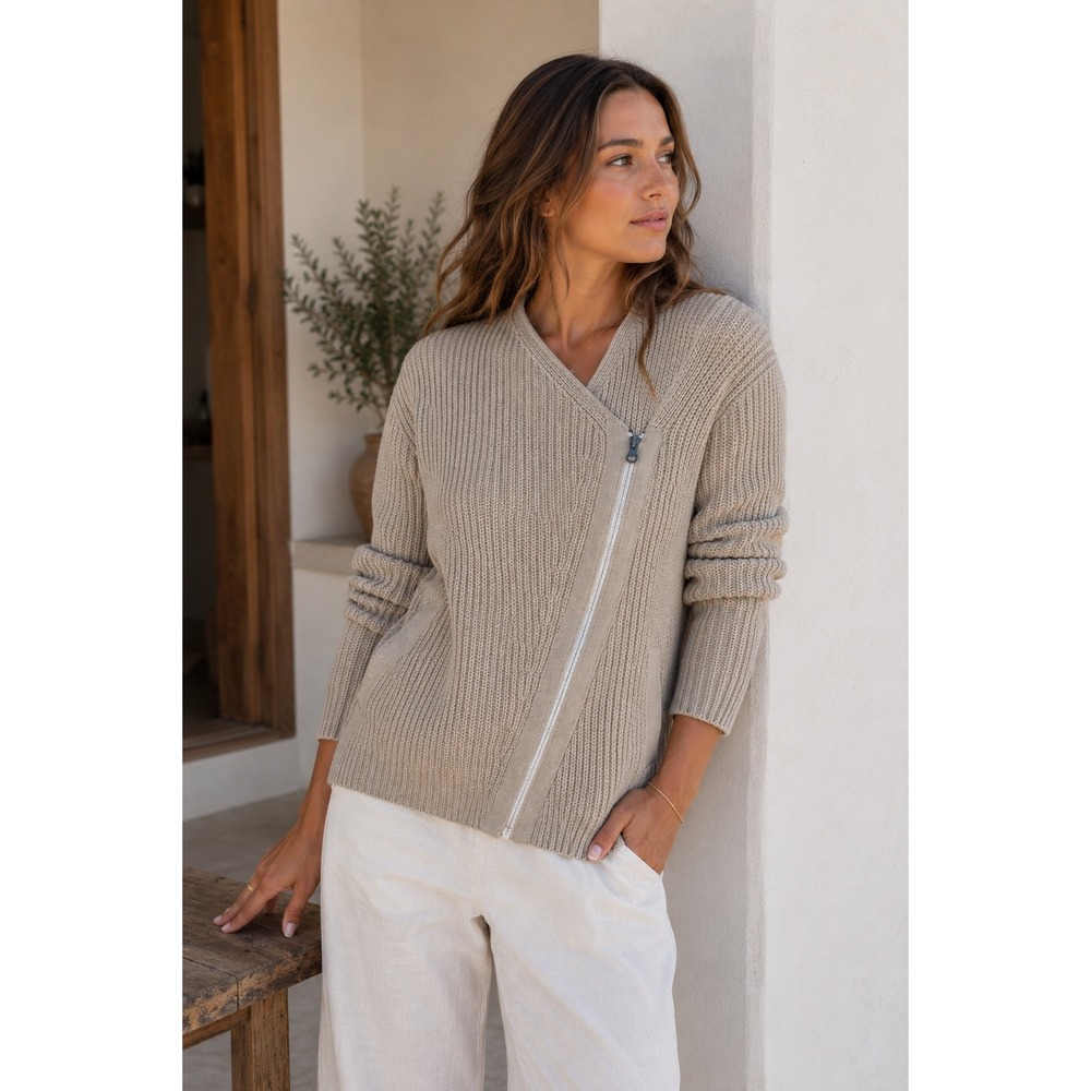Athleta Womens Oatmeal Beige Ribbed Asymmetrical Zip Moto Cardigan Sweater M